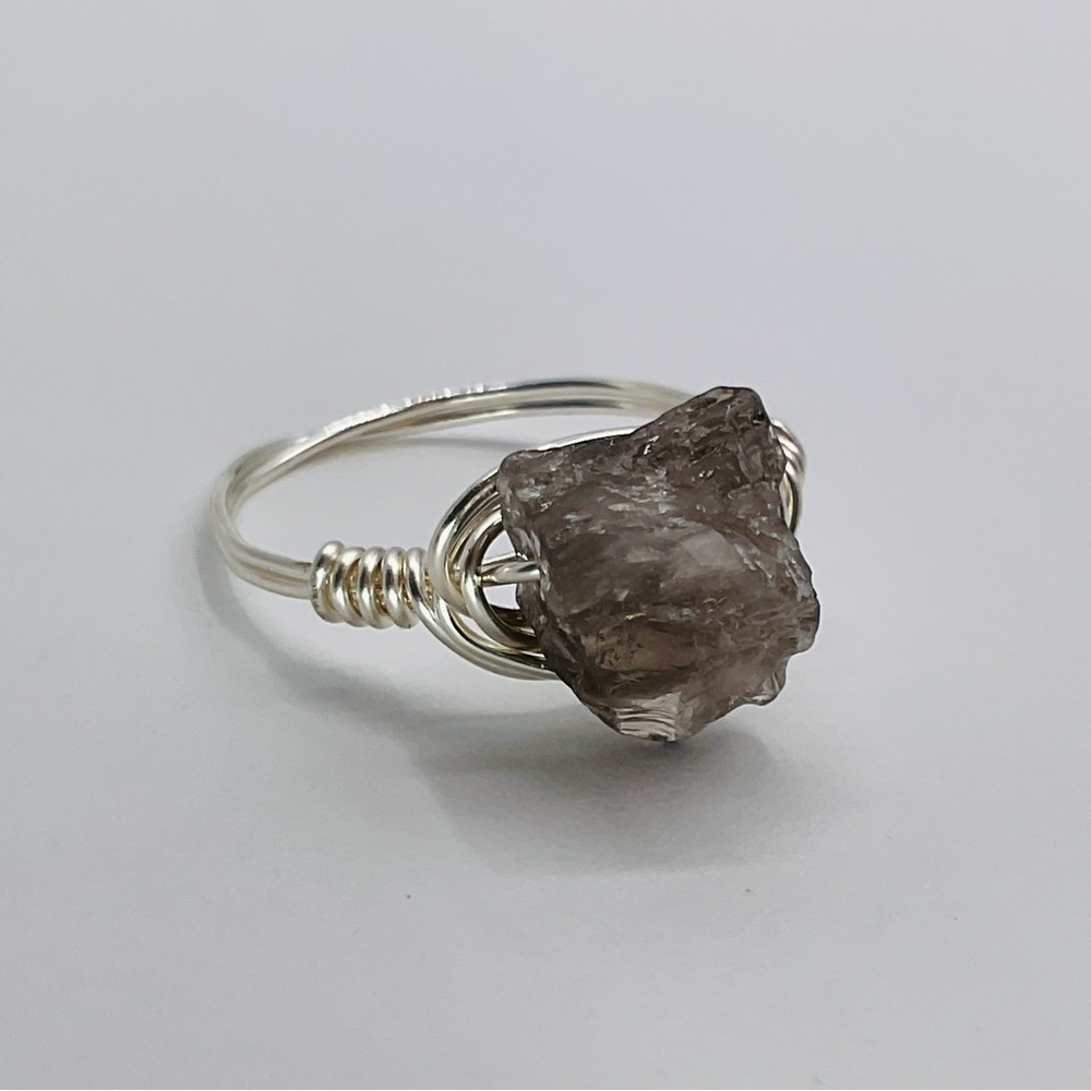 Smoky Quartz Ring Size 6.5 Raw Natural Gemstone Silver Boho Wire Wrap Jewelry